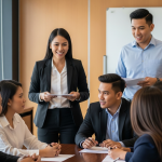 A smiling female trainer standing at the head of a conference table leading a meeting with a group of seated professionals.