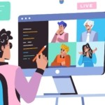 A vector illustration of a person holding a stylus pointing at a large monitor displaying a live four-way video conference call.