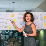 A female presenter with curly hair pointing to a whiteboard filled with diagrams, sticky notes, and process charts during a training workshop.
