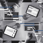Overhead black-and-white view of professionals working at a desk with laptops and tablets, with a digital Gantt chart timeline overlay.